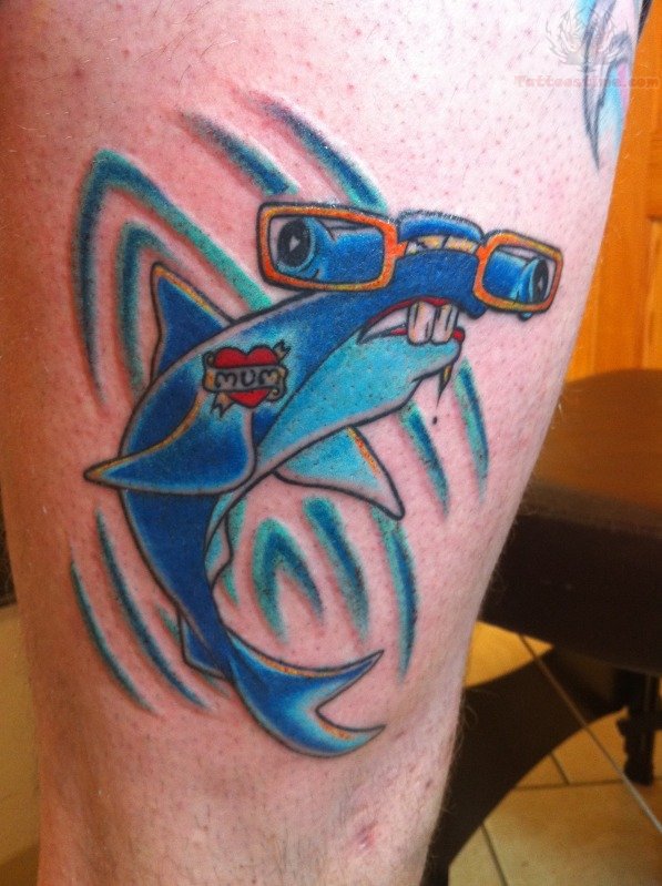 Nice Blue Color Hammerhead Shark Wearing Spects Tattoo