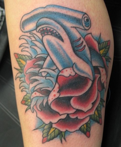 Nice Blue Colored Hammerhead Shark Traditional Tattoo By Peter Mcleod
