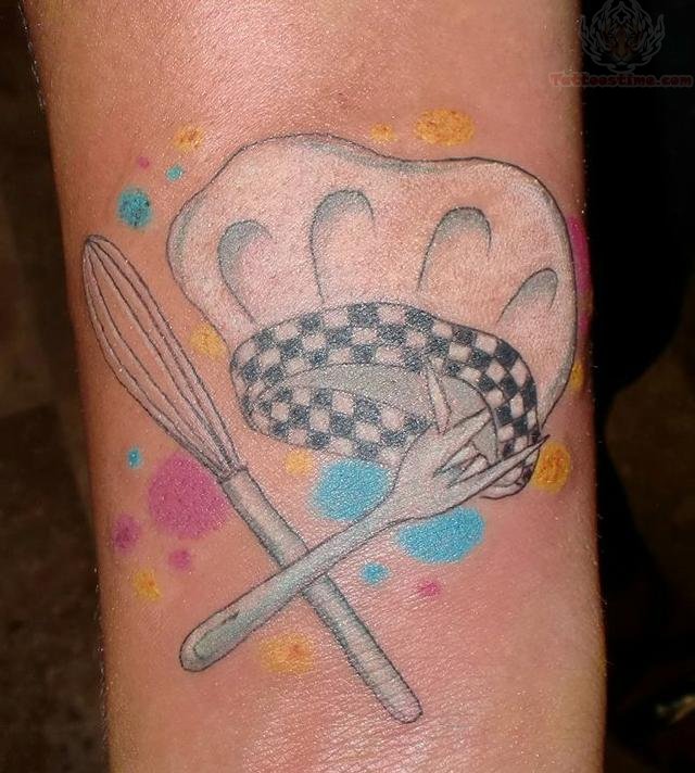 Nice Chef Hat With Crossed Broken Fork And Egg Beater Tattoo Design