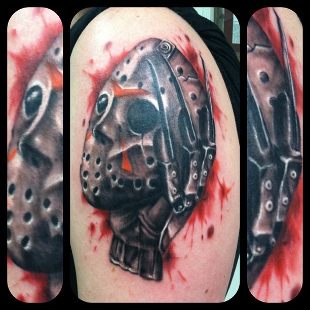 Nice Dark Ink Jason Mask With Freddy Glove Tattoo
