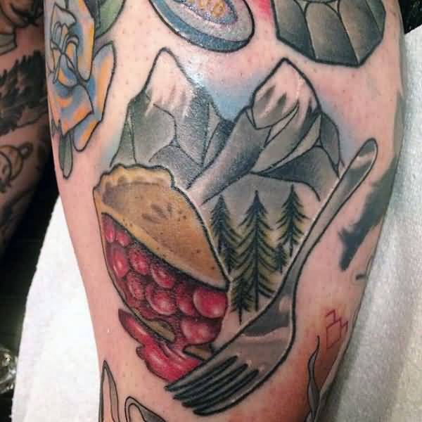 Nice Fork With Berry Pie Piece And Mountains Tattoo Design