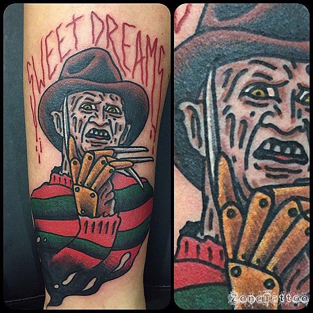Nice Freddy Krueger With Sweet Dream Word Traditional Tattoo