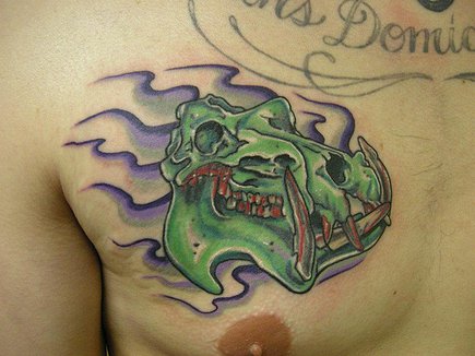 Nice Green Hippo Skull Floating On Water Tattoo On Right Chest