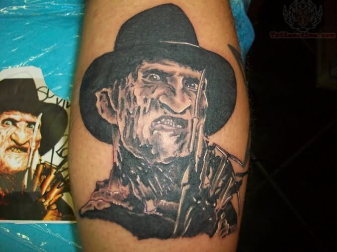 Nice Grey And Black Freddy Krueger Portrait Tattoo
