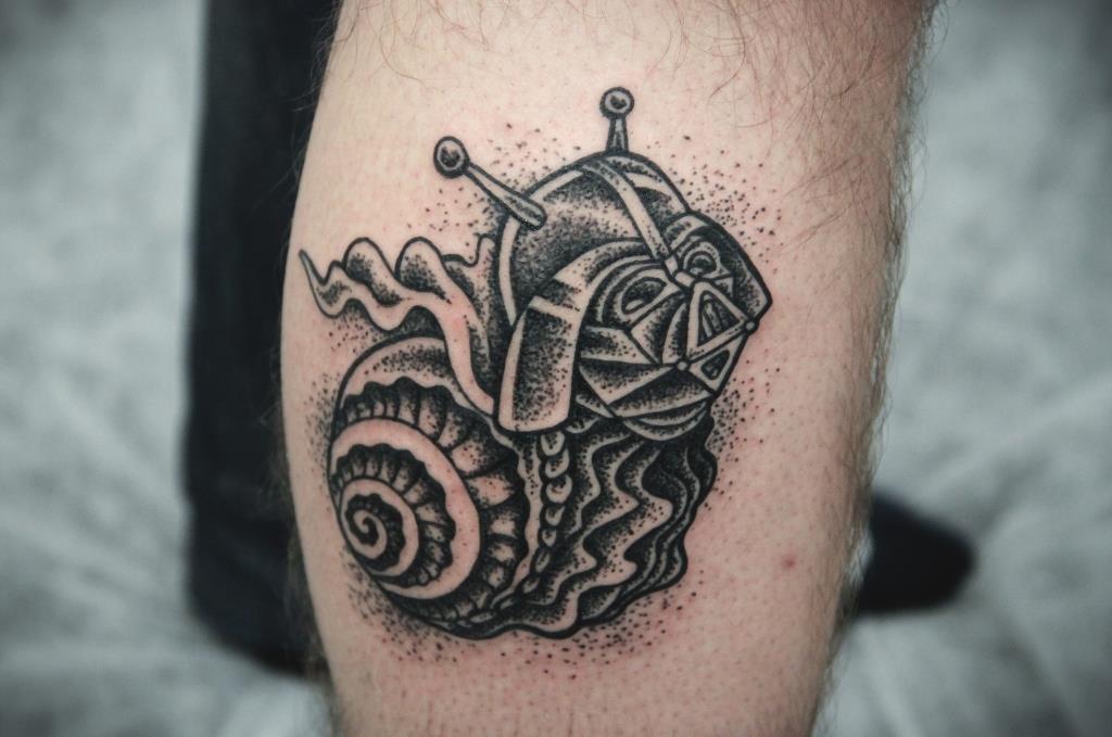 Nice Grey Dotwork Superhero Snail Tattoo