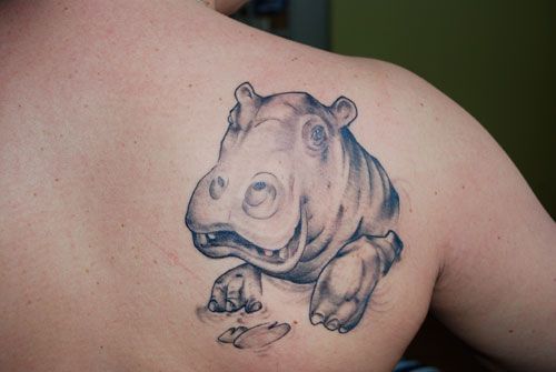 Nice Grey Hippo Tattoo On Back Right Shoulder