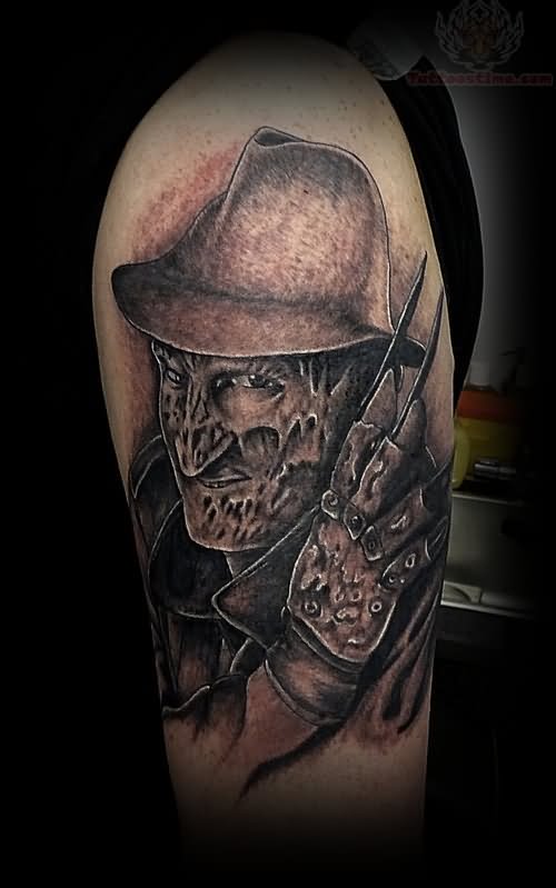 Nice Grey Ink Freddy Krueger Tattoo On Half Sleeve