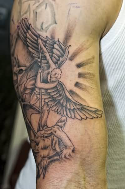 Nice Grey Ink Good Vs Evil With Sun Tattoo On Right Half Sleeve