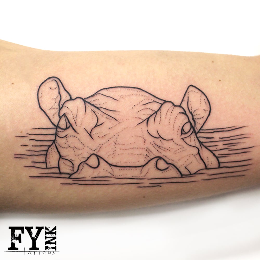 Nice Grey Ink Hippo Head Half In Water Tattoo