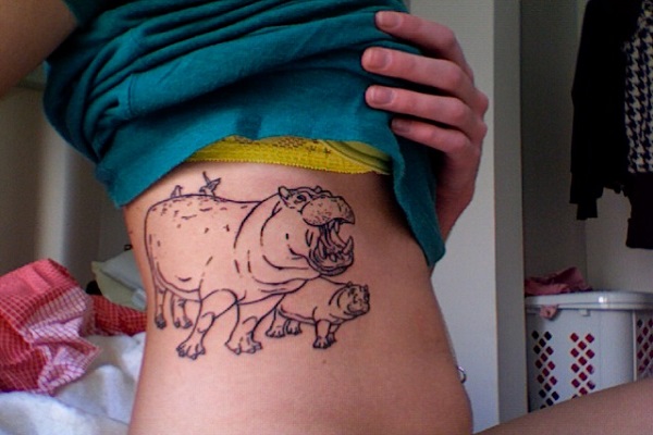 Nice Grey Ink Hippos Tattoo On Side Rib For Girls