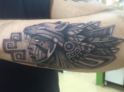 Nice Grey Ink Jaguar Aztec Tattoo On Arm Sleeve