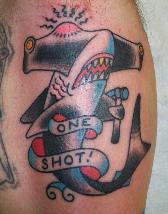 Nice Hammerhead Shark With One Shot Banner Traditional Tattoo