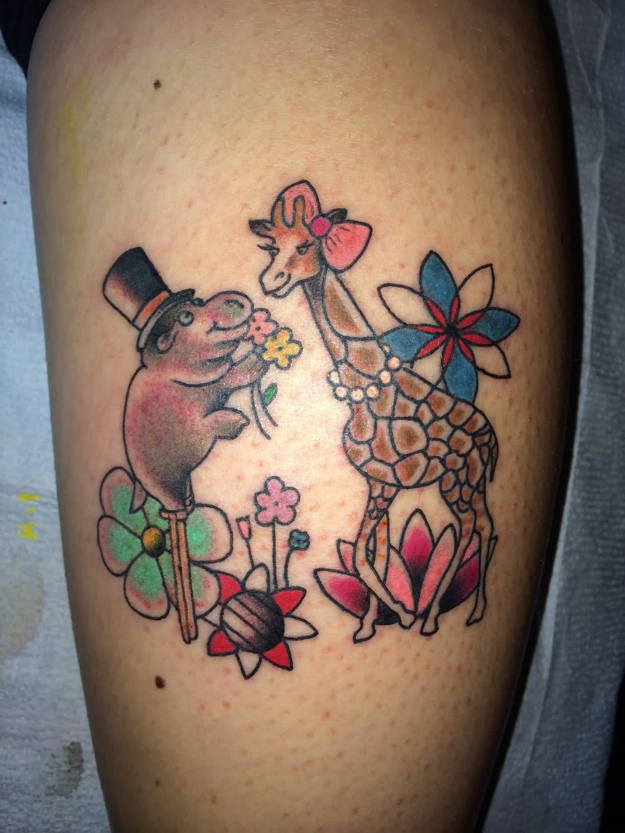 Nice Hippo Giving Flower To Giraffe Traditional Tattoo By Andrea