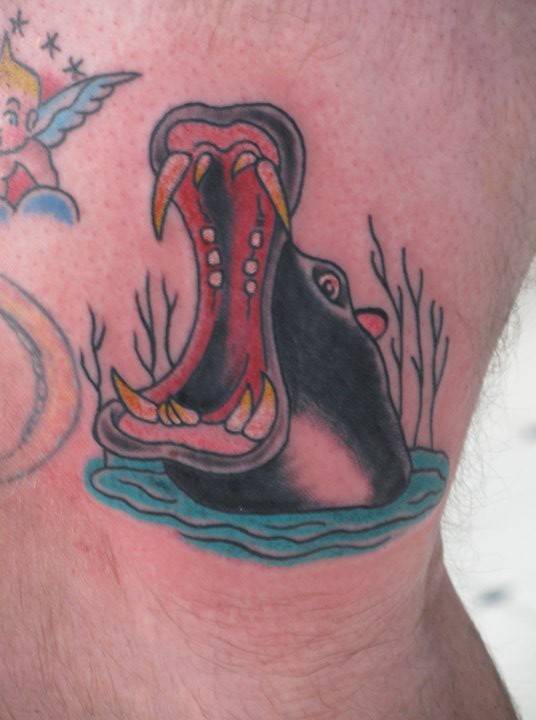 Nice Hippo Opening Mouth In Water Tattoo