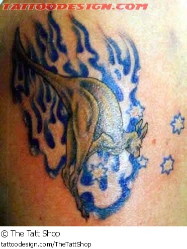 Nice Jumping Kangaroo With Tribal Blue Flames Tattoo