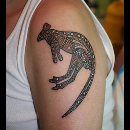 Nice Kangaroo Aboriginal Tattoo On Left Shoulder