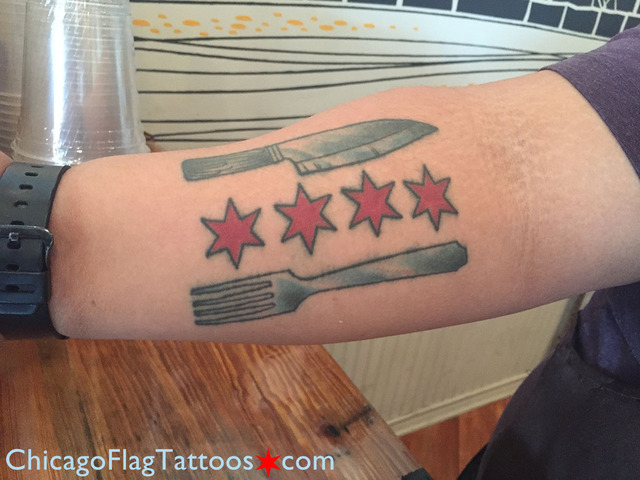 Nice Knife And Fork With Red Stars Tattoo Design On Right Forearm