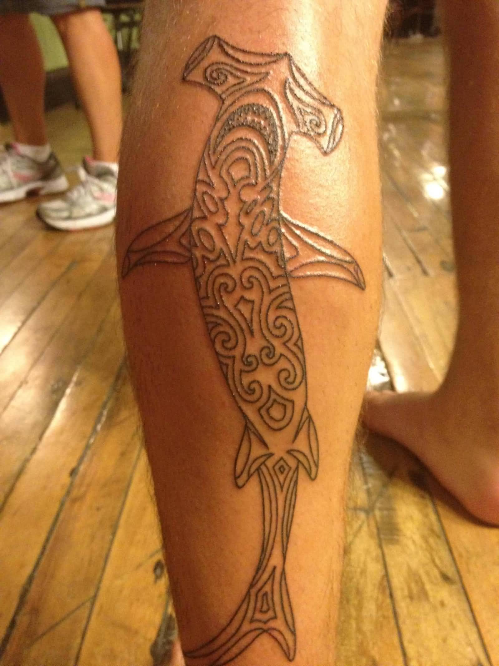 Nice Maori Tribal Hammerhead Shark Tattoo On Back Leg