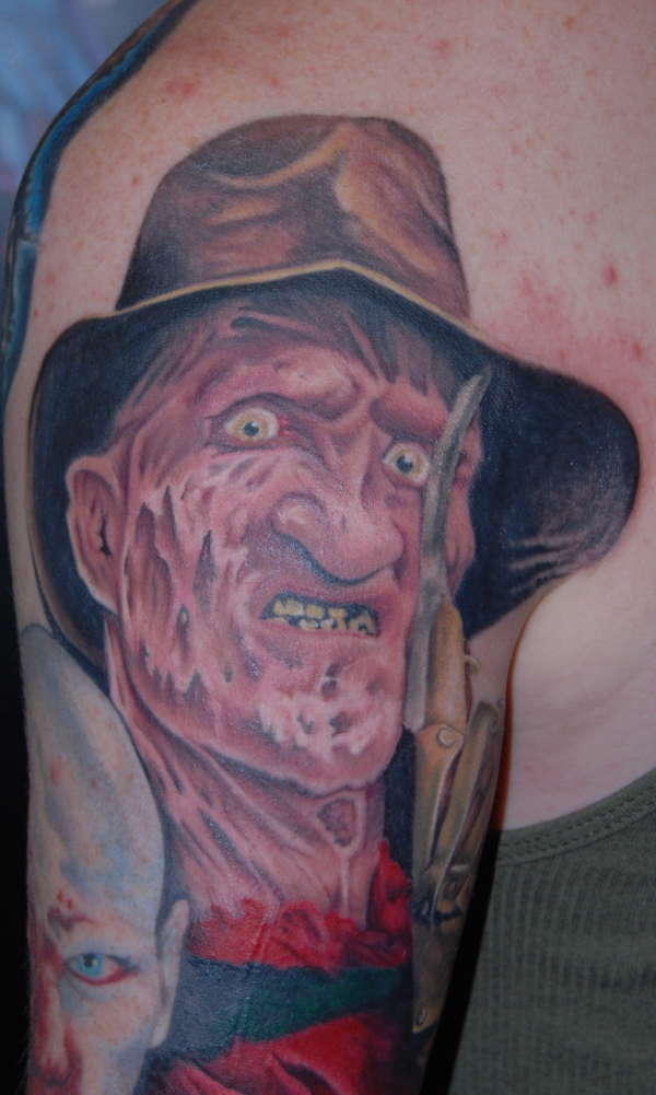 Nice Pink Color Freddy Krueger Tattoo