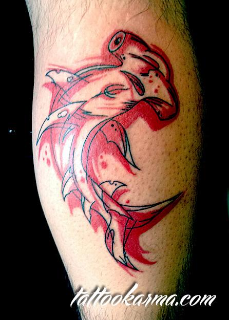 Nice Red Colored Hammerhead Shark Tattoo