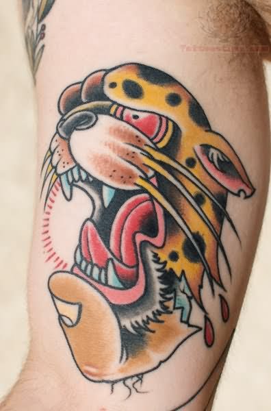 Nice Scared Jaguar Face With Broken Finger Traditional Tattoo On Bicep