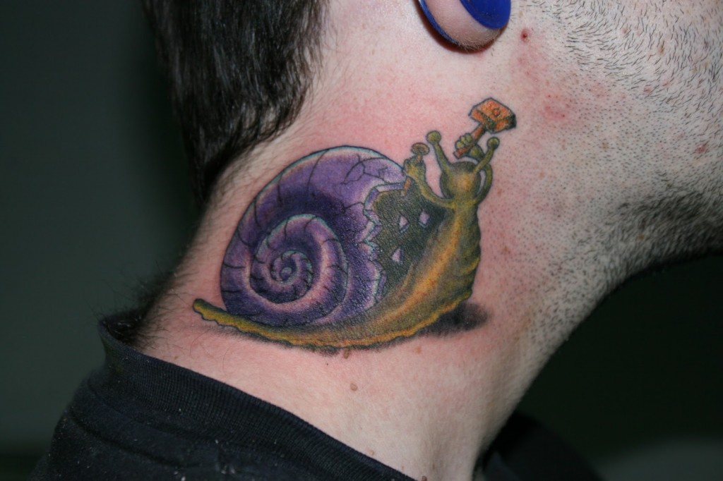 Nice Snail Breaking Shell With Hammer Tattoo On Neck