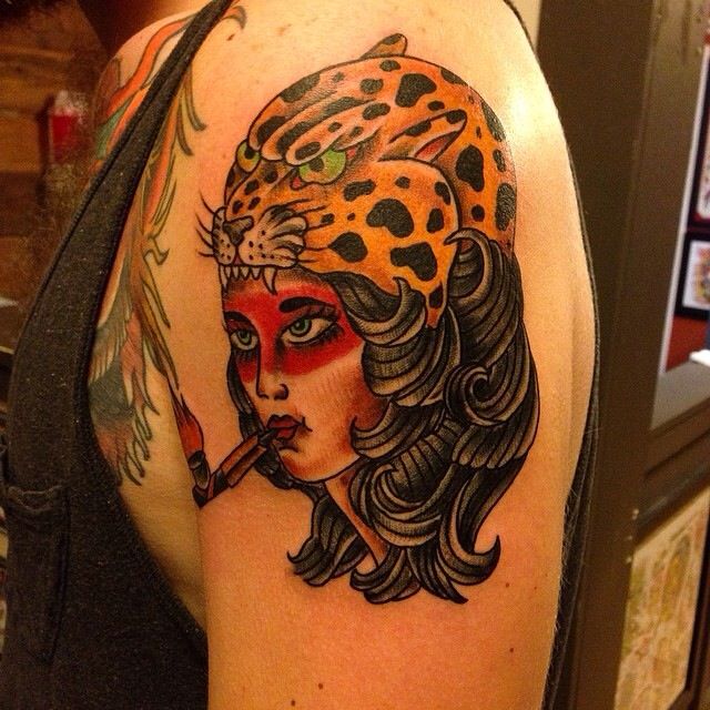 Nice Traditional Jaguar Aztec Tattoo On Left Shoulder