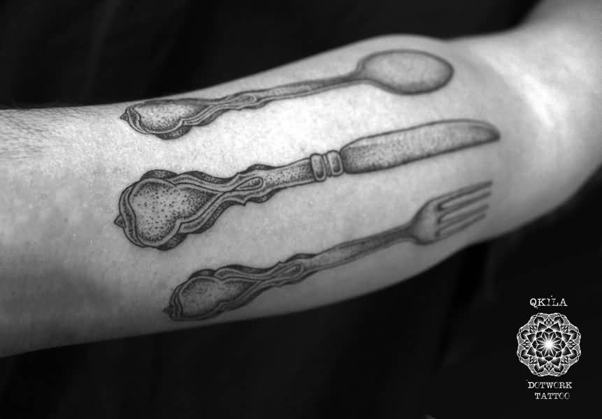 Nice Vintage Knife With Fork And Spoon Black And White Tattoo On Bicep