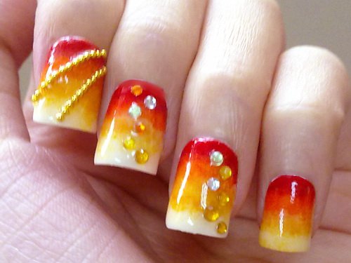 Ombre Autumn Nails With Rhinestones Design Nail Art
