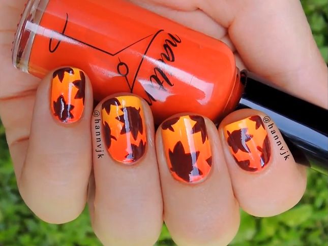 Ombre Base Nails With Brown Autumn Fallen Leaves Nail Art