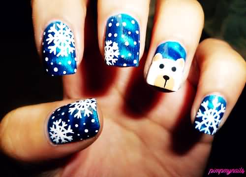 Ombre Nails With White Snowflakes And Bear Face Winter Nail Art