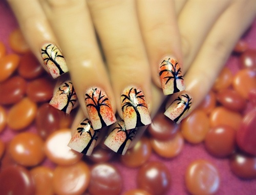 Ombre Nails With Autumn Trees Nail Art