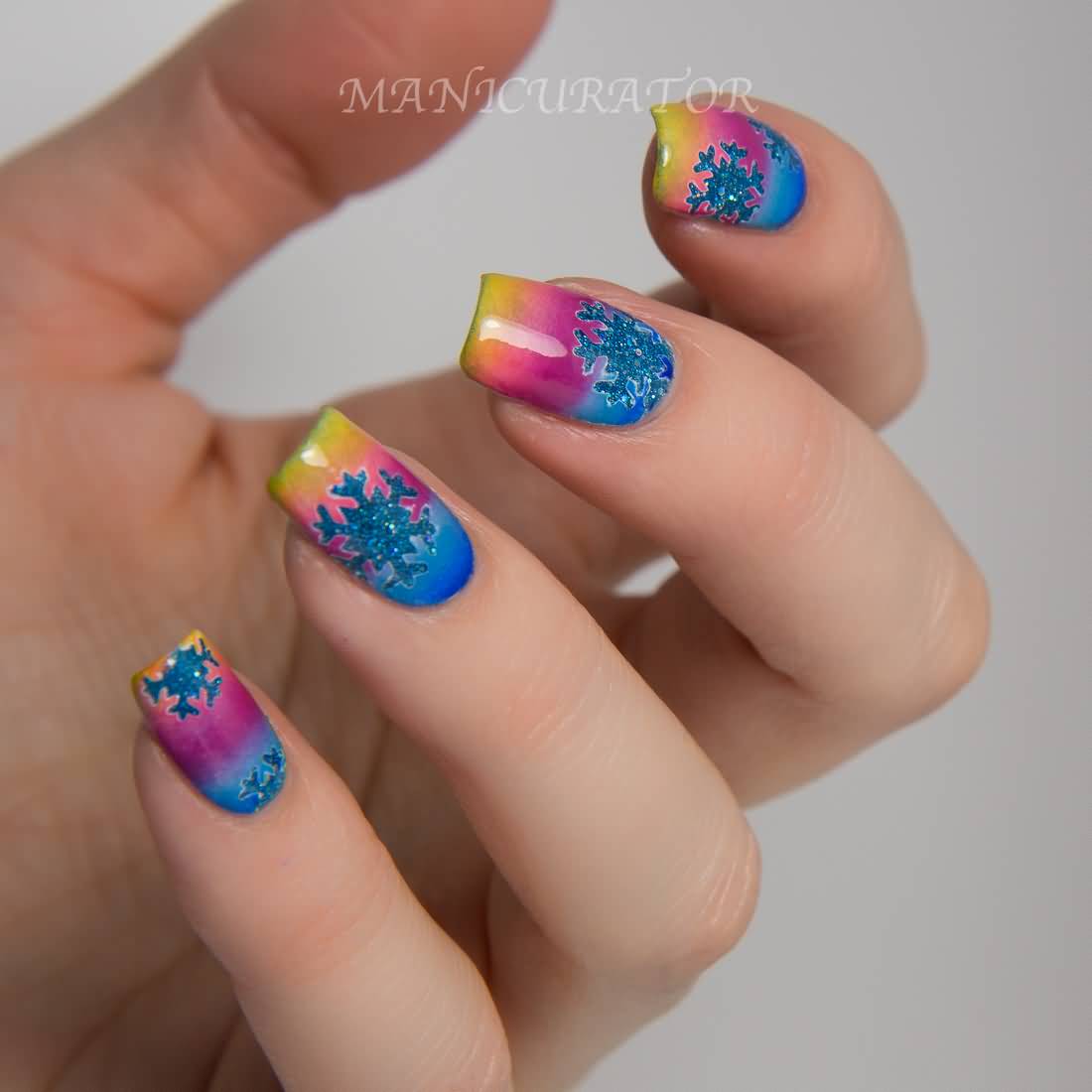 Ombre Nails With Blue Snowflakes Design Winter Nail Art