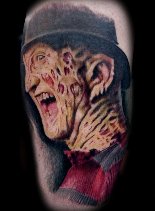 Outstanding 3D Angry Freddy Krueger Portrait Color Tattoo