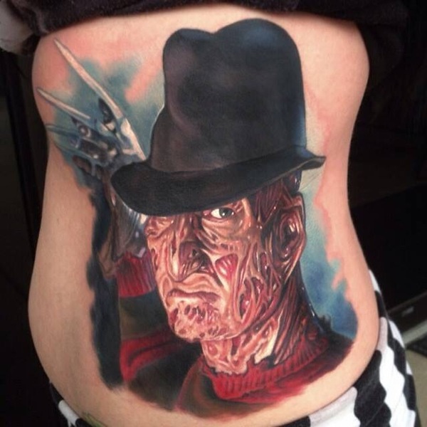 Outstanding 3D Freddy Krueger Portrait Color Tattoo On Side Rib
