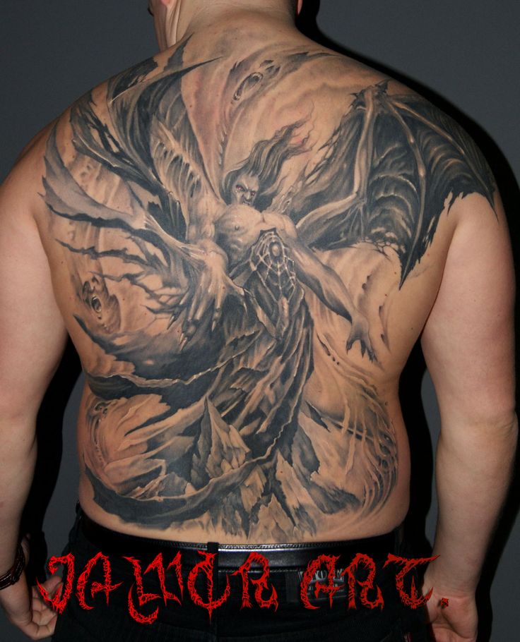 Outstanding Grey Ink Evil Having Horns Tattoo On Full Back