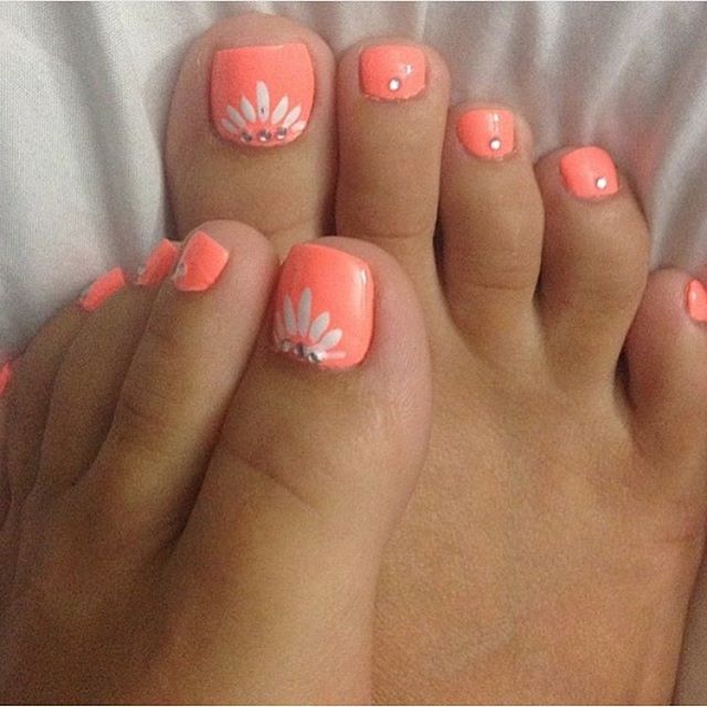 Peach Nails With White Toe Nail Art And Rhinestones Design Idea