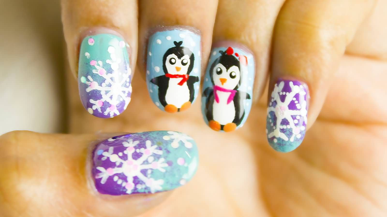 Penguins And Snowflakes Design Winter Nail Art