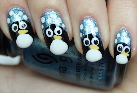 Penguins Tip Design Winter Nail Art