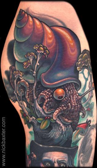 Phenomenal Snail On Human Hat Colored Tattoo