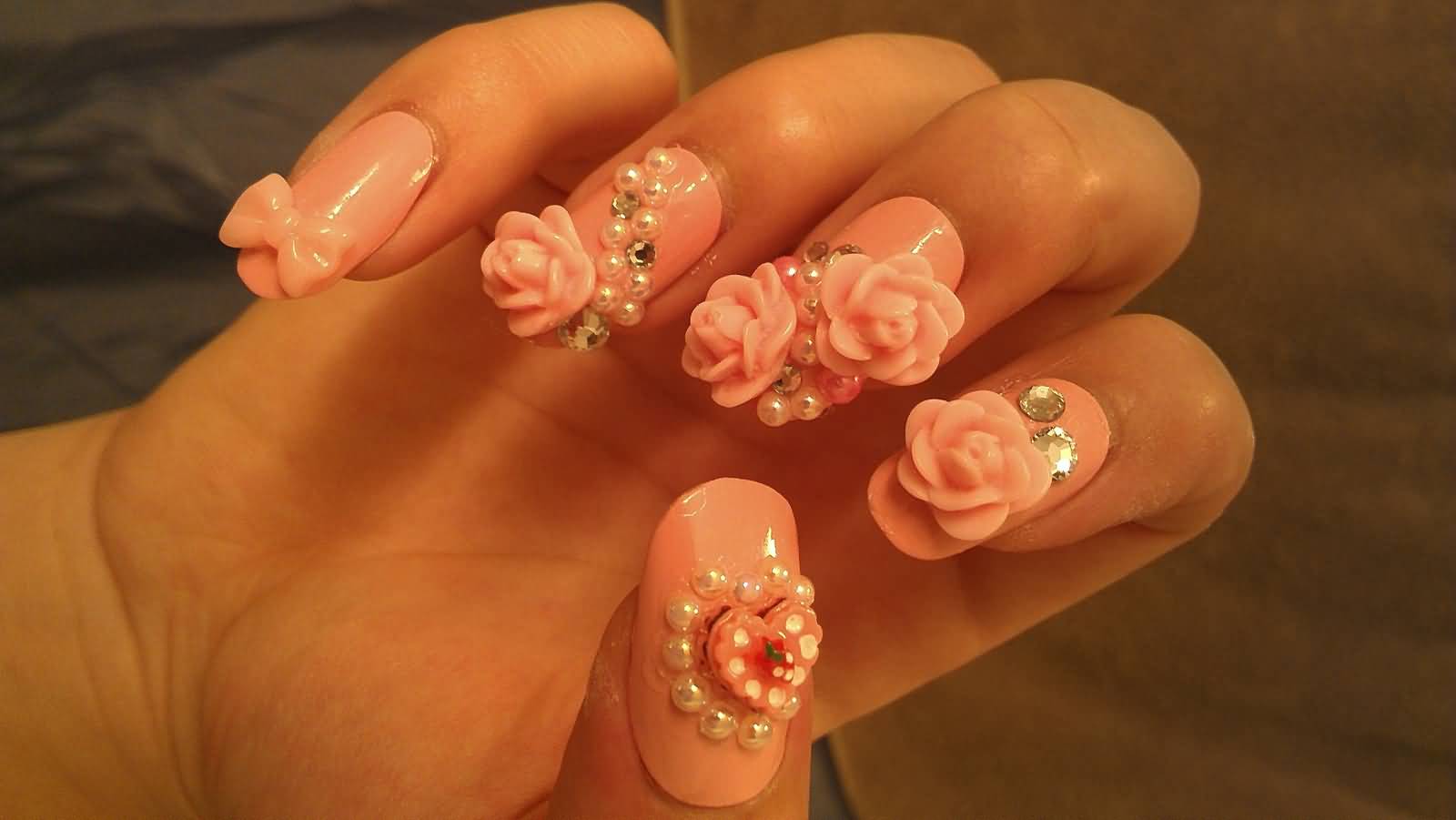 Pink 3D Rose Flowers And Bow Nail Art