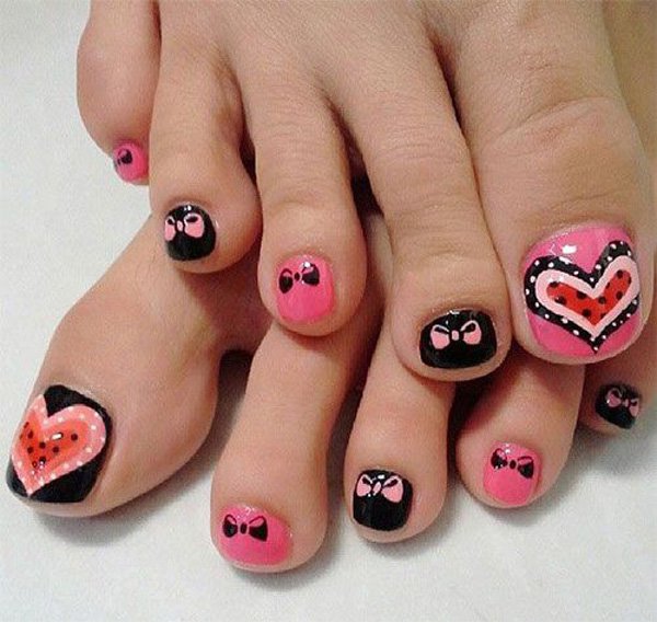 Pink And Black Design Toe Nail Art