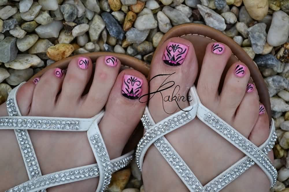 Pink And Black Floral Design Toe Nail Art