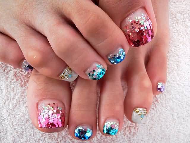 Pink And Blue Glitter Toe Nail Art