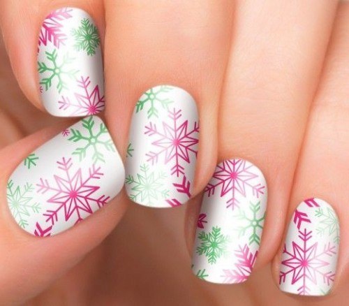 Pink And Green Snowflakes Design Winter Nail Art