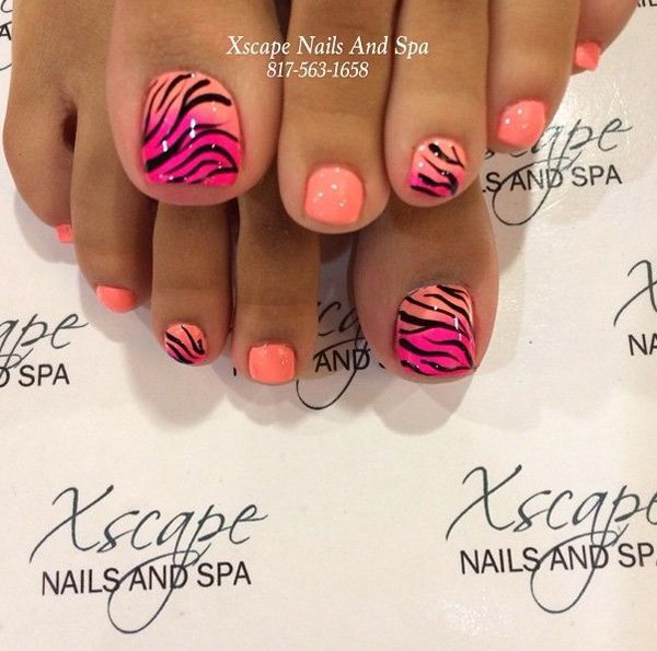 Pink And Orange Ombre Zebra Stripes Toe Nail Art