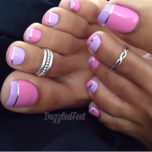 Pink And Purple Toe Nail Art With Silver Strip Design