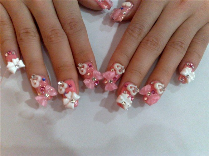 Pink And White 3D Bows Nail Art Design Idea