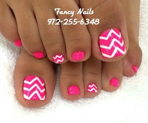Pink And White Chevron Toe Nail Art