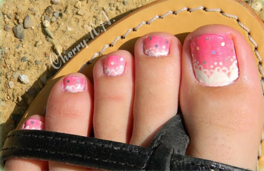 Pink And White Cute Toe Nail Art
